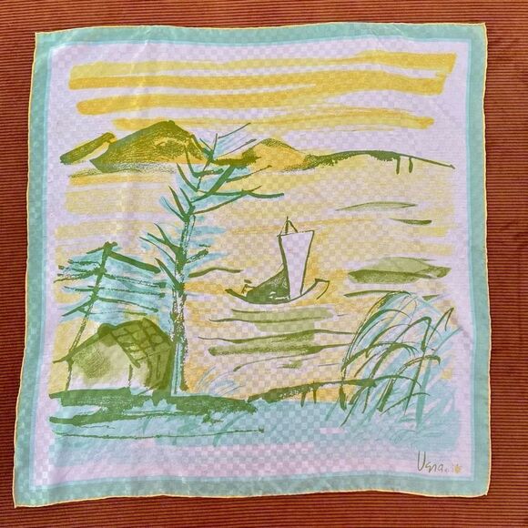 Vera Neumann Silk Scarf Wrap Featuring Scenic Japanise Outlook 25" - Picture 1 of 10